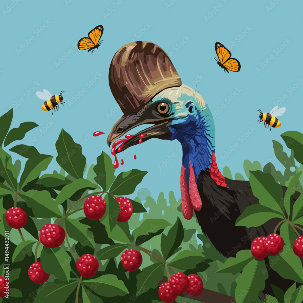 Fototapeta premium Cassowary Eating Fruit with Butterflies and Bees in Nature