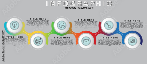 7-Step Business Infographic Template with Interconnected Circular Design, Gradient Arcs, 3D Shading, Workflow Visualization, Strategy Guide, Process Diagram, Editable Vector, Presentation