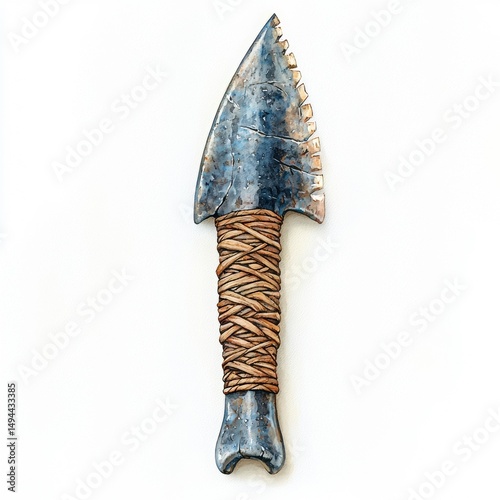 Ancient Stone Tool with Woven Handle, Unique Artisanal Design