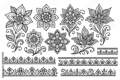 Exquisite mehndi floral and paisley patterns with elegant swirls and delicate lines, ideal for creating unique henna designs and artistic motifs
