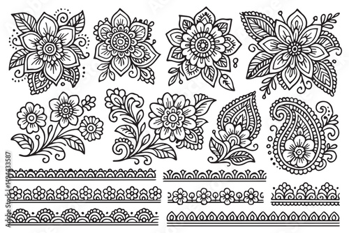 Hand drawn mehndi floral patterns with intricate flowers, paisleys, and curls, perfect for use in henna tattoos, art prints, and decorative designs