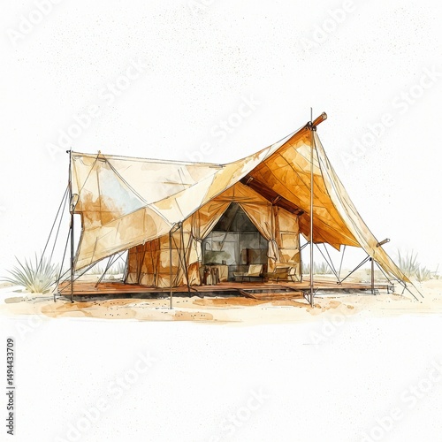 Elegant Desert Tent in Natural Landscape with Sand and Vegetation