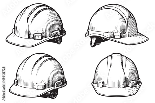 various construction helmets from different angles, ideal for safety related designs and construction themed projects, icon set