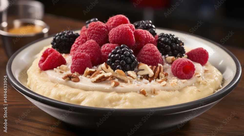 Creamy dessert topped with raspberries and blackberries.