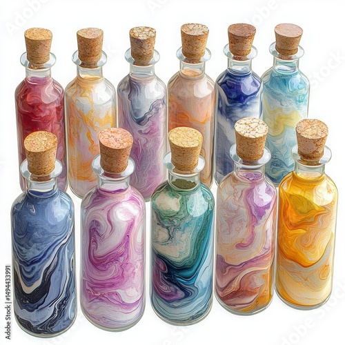 Colorful Decorative Bottles with Swirled Paint and Cork Stoppers