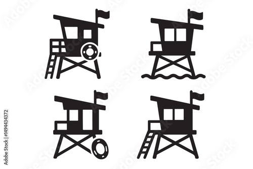 lifeguard tower icons with accessories like life preserver and flag, ideal for beach, water safety, and lifeguard illustrations, icon set