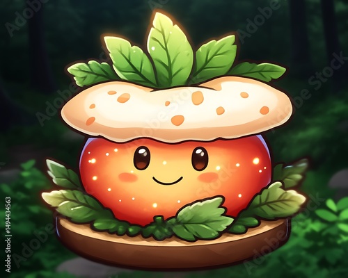 Cute cartoon strawberry character with leaves.