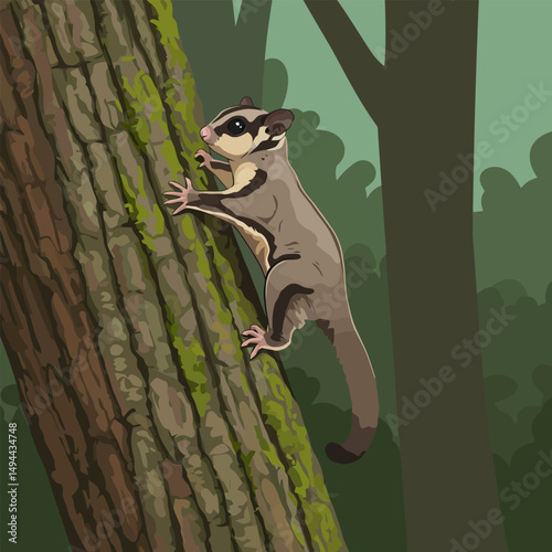 Sugar Glider Climbing Tree in Forest Graphic Illustration Style