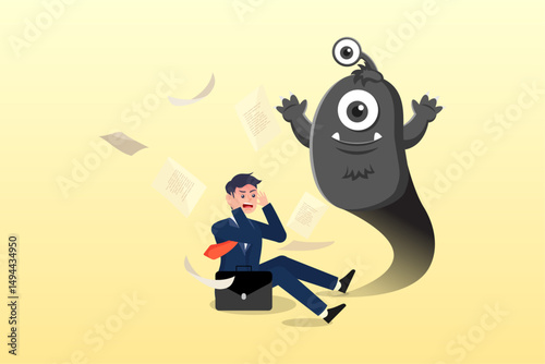 Fearful businessman afraid of evil monster shadow, fear, anxiety or panic attack, afraid of mistake, scared or nightmare suffering, depression or dread, worry or trouble causing distraught concept
