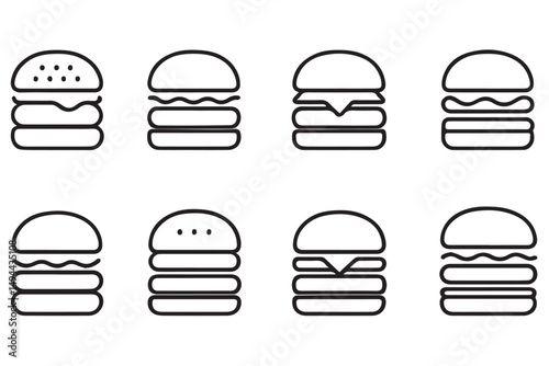 Stylized burger icons with different layers and toppings, ideal for food menus, restaurant logos, and culinary projects, icon set