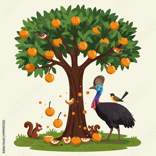 Illustration of Orange Tree with Cassowary, Birds, and Squirrels
