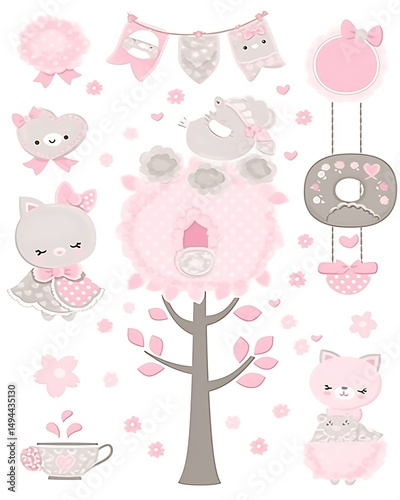 Cute pink and grey nursery wall decals featuring animals, flowers, and a tree.