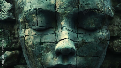 An art, a woman's face shaped on an old stone with its dark green moss.