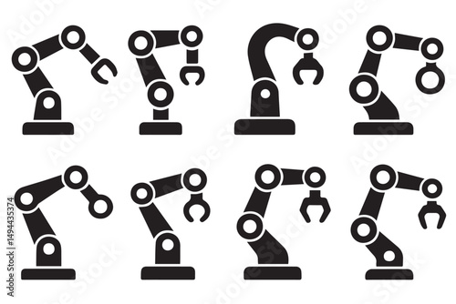robotic arm icons with varying arm movements and grippers, perfect for automation, technology, and industry related projects, icon set