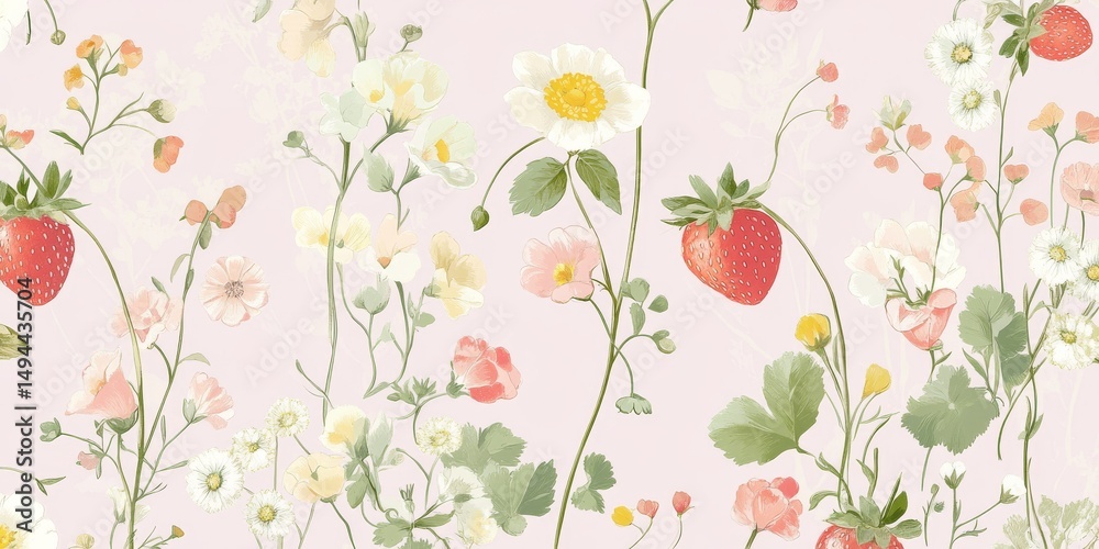 Seamless pattern with strawberries and wildflowers, pink background, flat lay, detailed illustration, vector design, digital art, cute style, pastel colors, cute style, pink color palette Seamless pattern with strawberries and wildflowers, pink background, flat lay, detailed illustration, vector design, digital art, cute style, pastel colors, cute style, pink color palette
