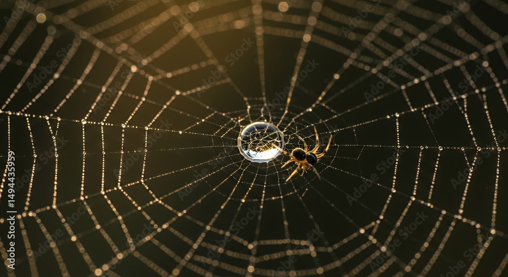 Obraz premium Spiderweb with Dewdrop and Spider at Dawn
