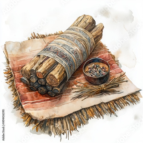 Rustic Wooden Logs Tied with String on Traditional Textile Background