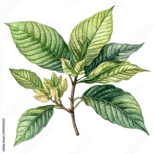 Green Botanical Illustration of Tropical Leaves on a White Background