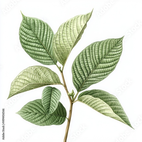 Detailed Study of Green Leaves on a Branch Isolated on White Background