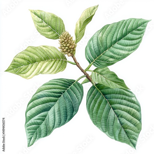 Detailed illustration of green leaves and flowering bud on branch