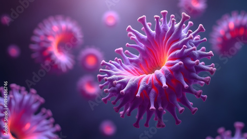 Ribbon-like folded violet virus, leaking amber fluid, surreal microscopic apocalypse in cinematic HD 3D.