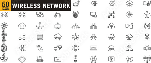 Wireless network editable outline icon set. Router, cloud, server, signal, connection and more.