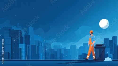 A sanitation worker in reflective gear collects trash at night against a city skyline under a full moon.