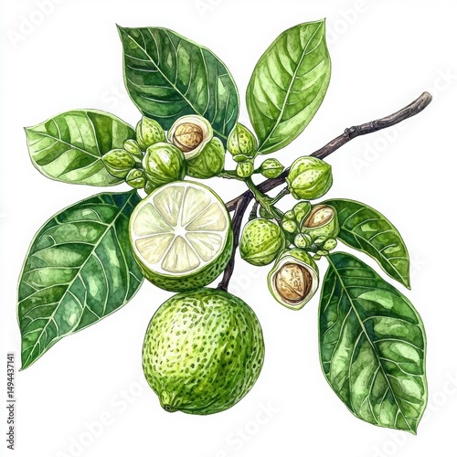 Fresh Lime Branch with Green Fruit and Vibrant Green Leaves