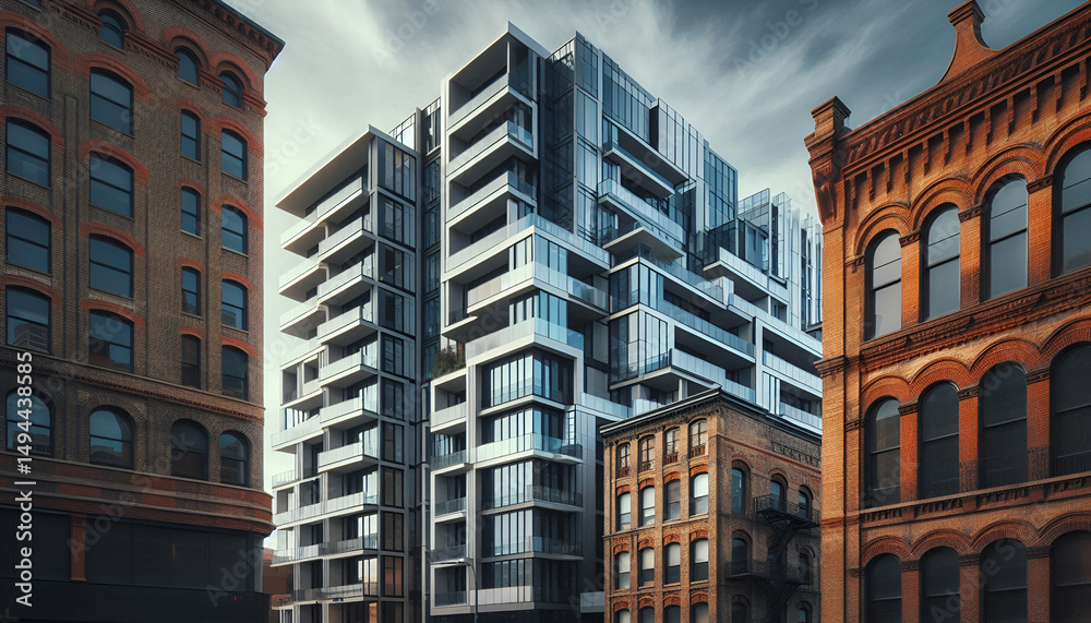 Fototapeta premium A modern apartment building abutting an old brick structure, showcasing contrast in urban architectural styles.