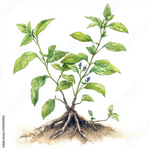 Detailed Illustration of Green Plant with Roots and Leaves