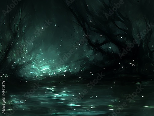Dark, mystical forest reflected in still water.