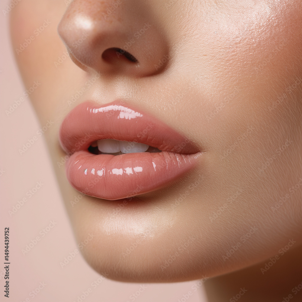 Naklejka premium beauty shot that highlights the lower portion of a woman's face, focusing on her lips, chin, and part of her nose. Perfect for promoting lip products, skincare, or cosmetics.