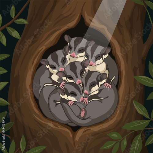 Sleeping Sugar Gliders Huddled Together Inside Tree Hollow with Leaves
