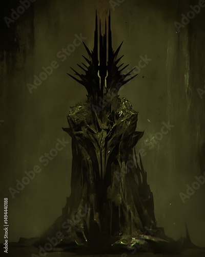 Dark, spiky throne in a misty swamp.