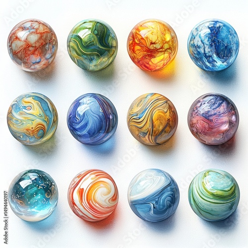 Colorful Glass Marbles Collection on White Background Display