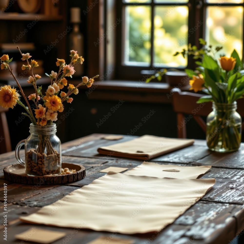 Fototapeta premium Cozy rustic dining room with wooden table decorated with fresh flowers in glass jars, sunlit window in background creating warm welcoming atmosphere