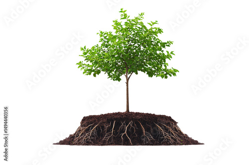 Young sapling tree with exposed roots growing in soil isolated transparent background