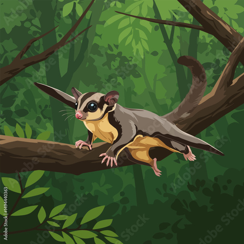 Sugar Glider Perching on Tree Branch in Forest Illustration