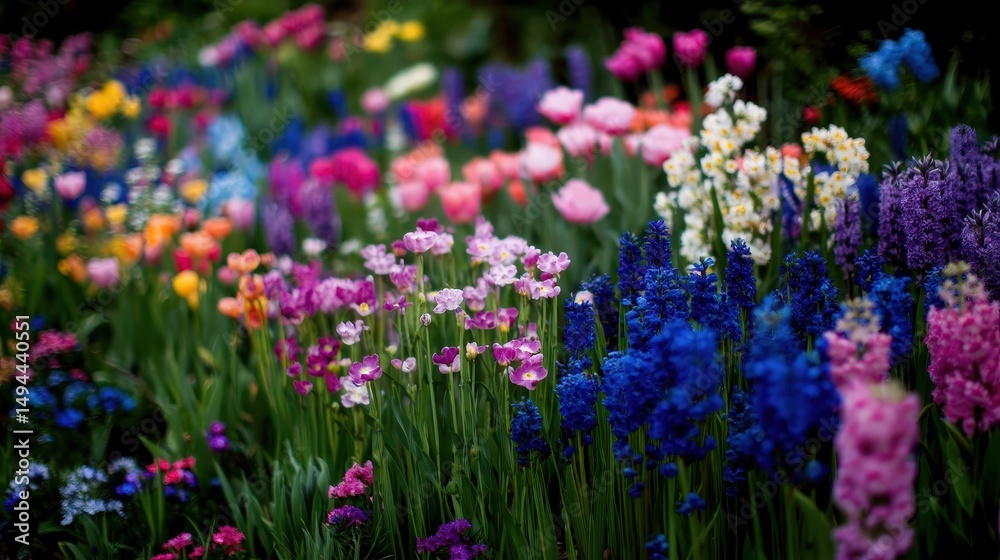 Obraz premium Vibrant Spring Flower Garden Bloom Colorful Tulips Hyacinths and More