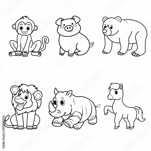 This animal line art bundle features six adorable cartoon-style animals: monkey, pig, bear, lion, rhinoceros, and horse — all illustrated in clean black and white outlines. Each character has a friend