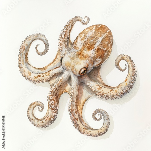 Realistic Illustration of a Brown Octopus with Detailed Tentacles