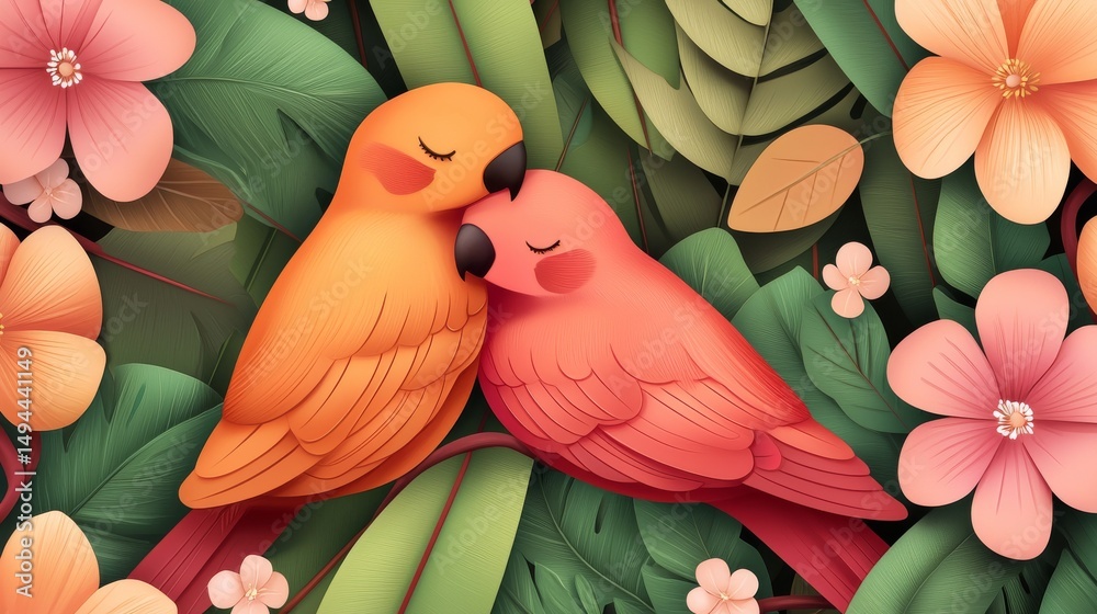 Obraz premium Two colorful parrots cuddle amidst vibrant tropical leaves and flowers in a stylized, artistic scene.
