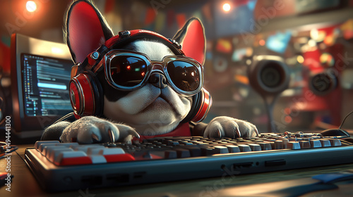 A dog sits at a desk using a computer. The concept of humor and pets imitating human work behavior. Generative AI.