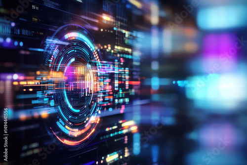 Abstract digital technology background with glowing circular patterns and vibrant colors, conveying sense of innovation