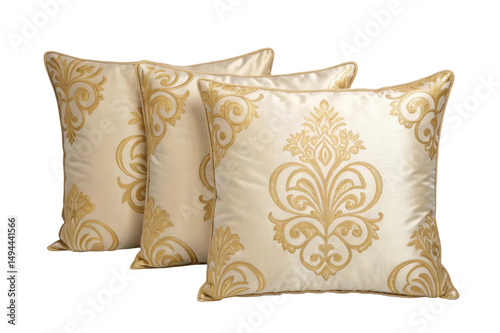 PNG Elegant gold floral patterned throw pillows on black background