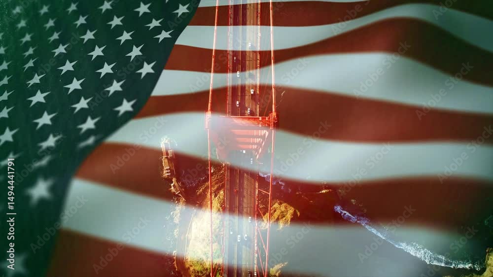Aerial of Golden Gate Bridge fused with American flag in symbolic expression, 4k