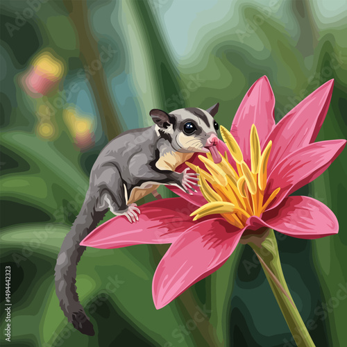Sugar Glider Drinking Nectar From Pink Flower in Vibrant Garden