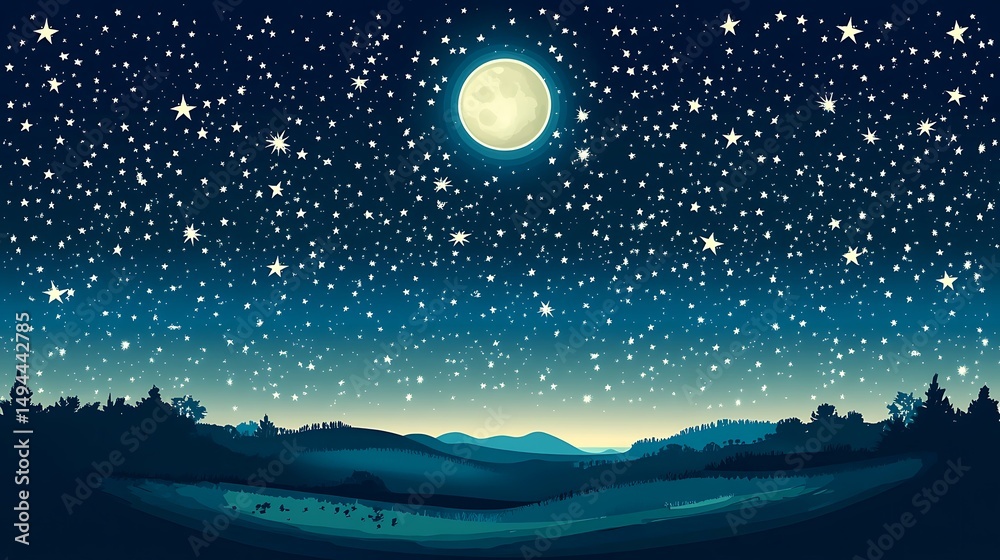 Naklejka premium Night Sky with Moonlit Hills.