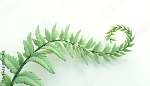 Green Fern Leaf Curving on White Surface Minimalist Style
