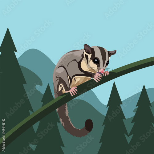 Sugar Glider Sitting on Branch in Forest Illustration Art